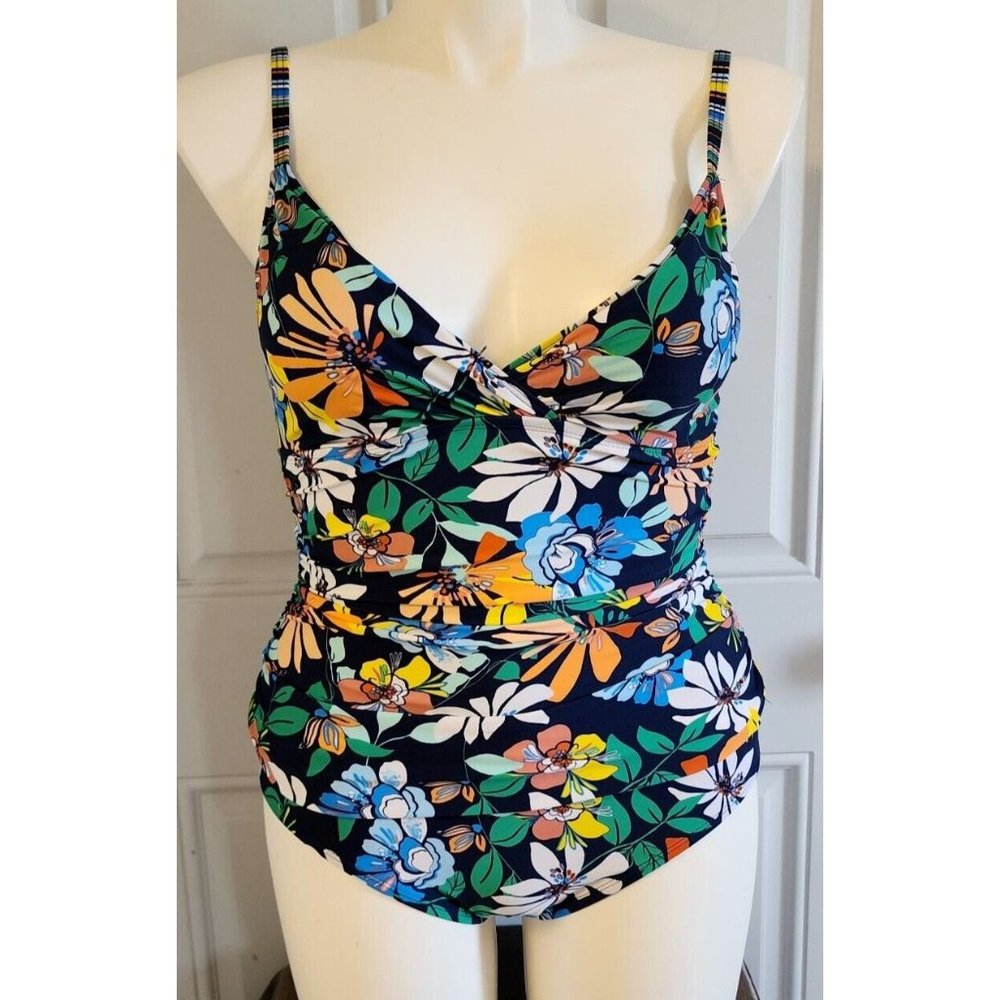 Ellen Tracy Women's Spaghetti Strap VNeck Ruched One Piece Swimsuit Floral Sz 10